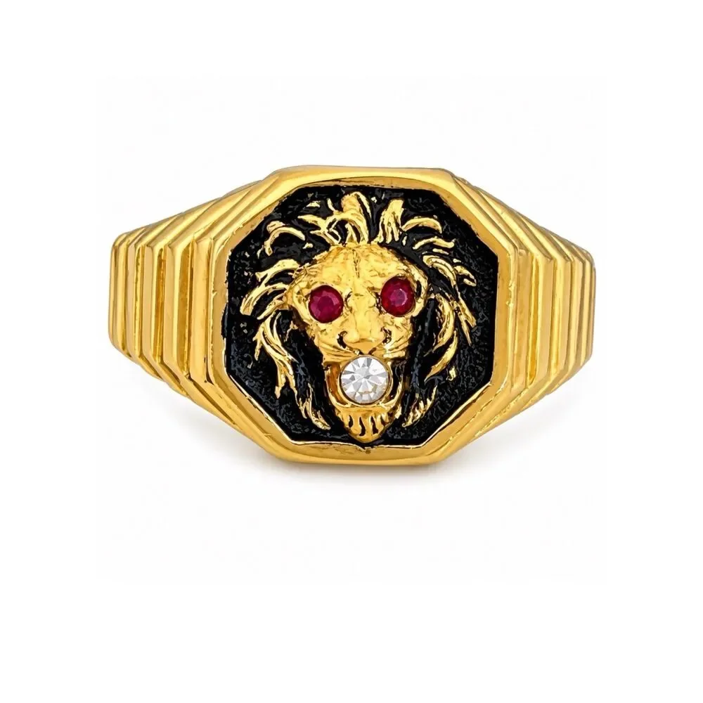 Vintage 1970s Ring Size 10 Clark Coombs Lions Head Crystal Eyes Gold Plate - 14P
